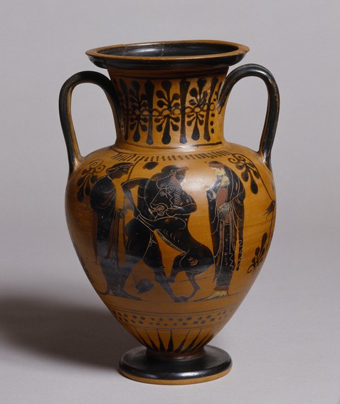 Antik sortfiguret amforavase fra Athen, med Herkules i kamp med den nemeiske løve, H 540