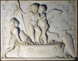 Amor og den unge vingud Bacchus stamper druer, marmorrelief, A 412
