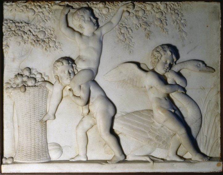 Amor med en svane og drenge, der plukker frugt, marmorrelief, A410