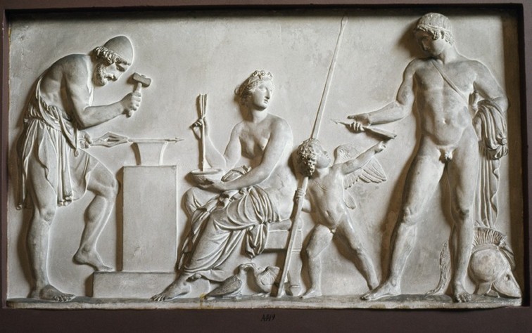 Amors pile smedes i smedeguden Vulkans værksted, marmorrelief, A 419